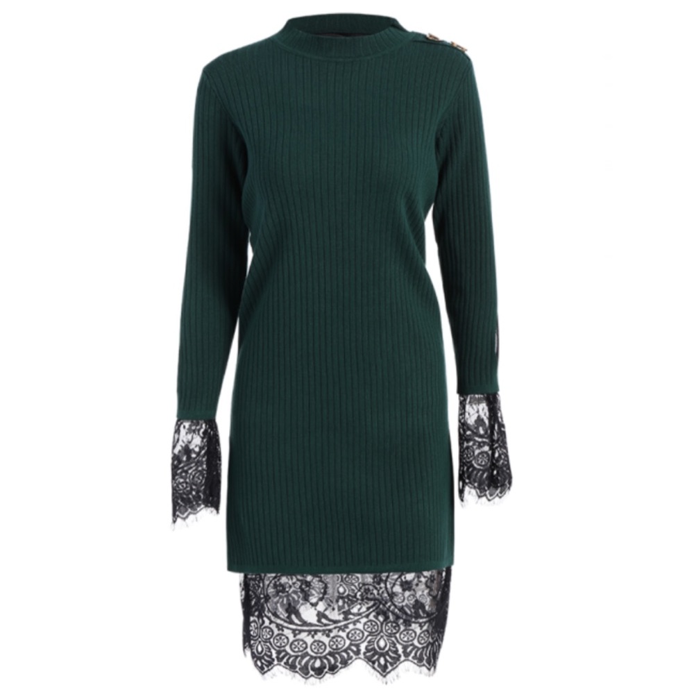 Zaful Lace Panel Cut Out Knitting Dress - Green OS